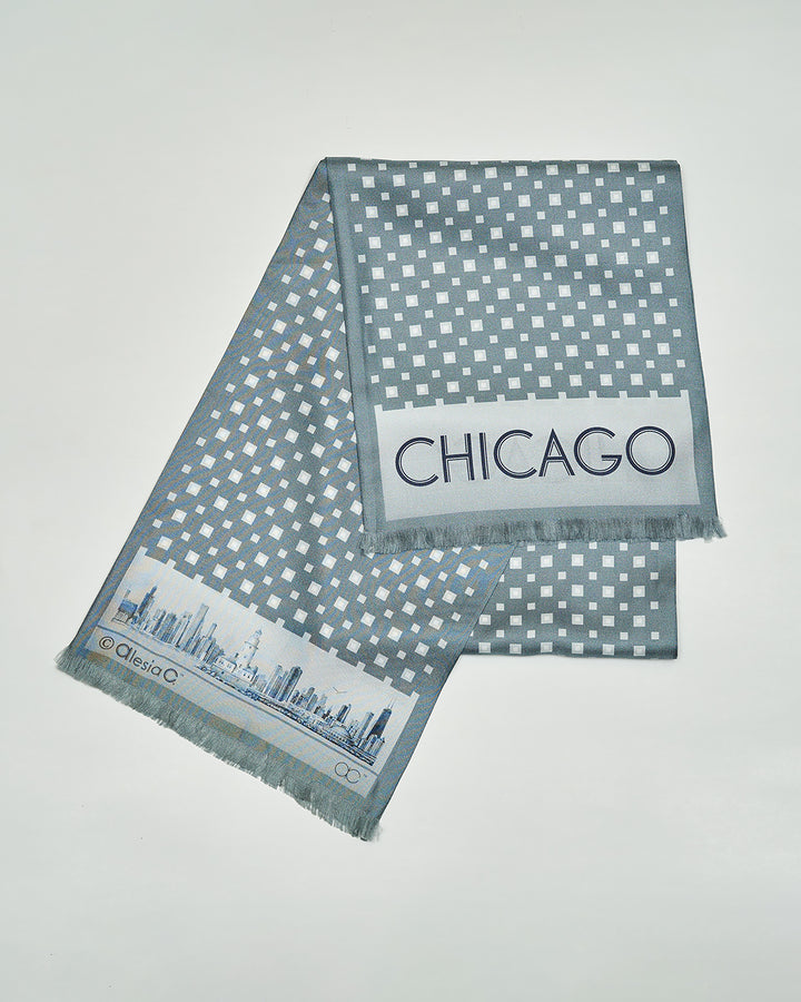 CHICAGO Skyline Art Long Pure Silk Scarf Gray White