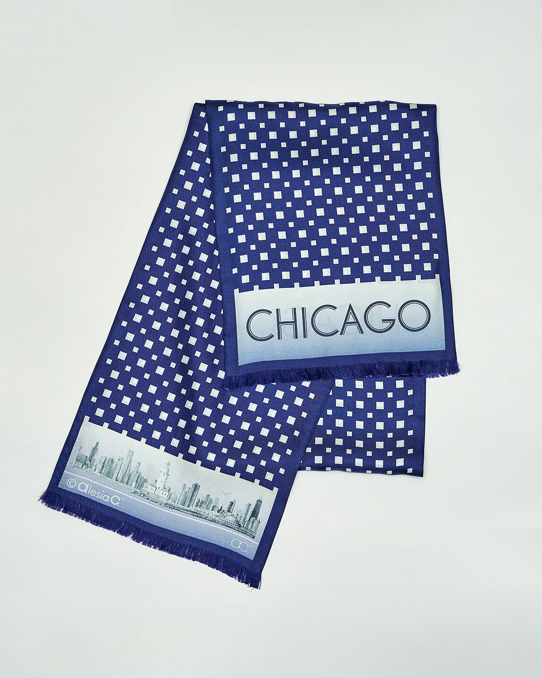 CHICAGO Skyline Art Pure Double 100% Long Silk Scarf Navy Blue White