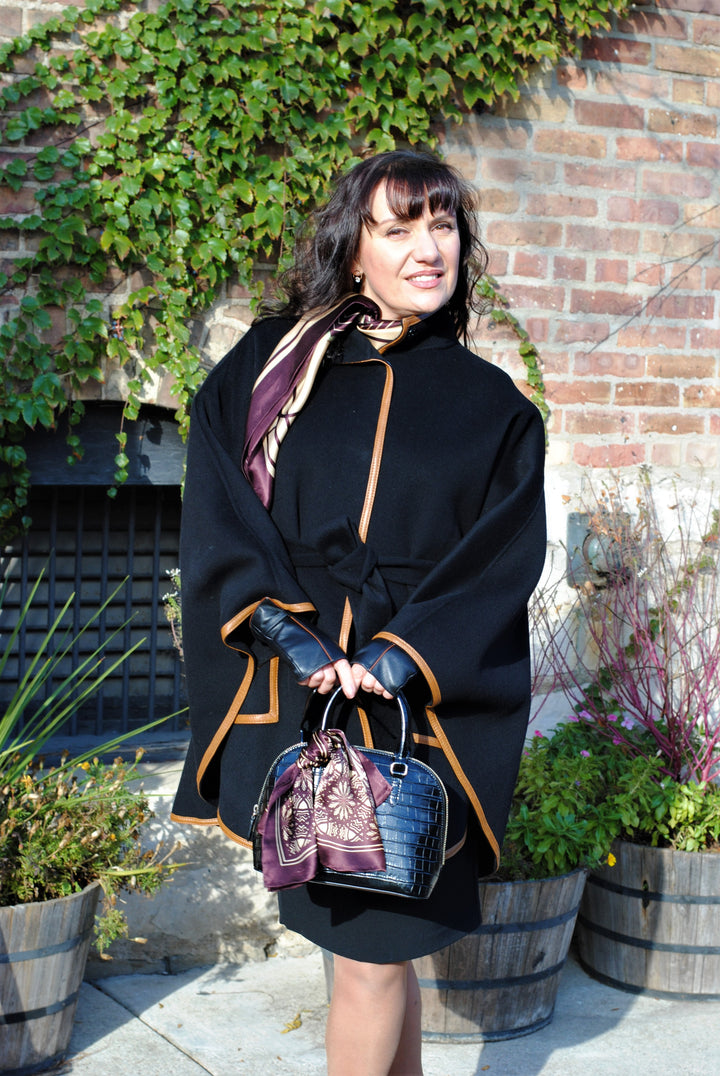 Black Wool Cashmere Belted Cape Poncho Coat Brown Leather by Alesia Chaika
