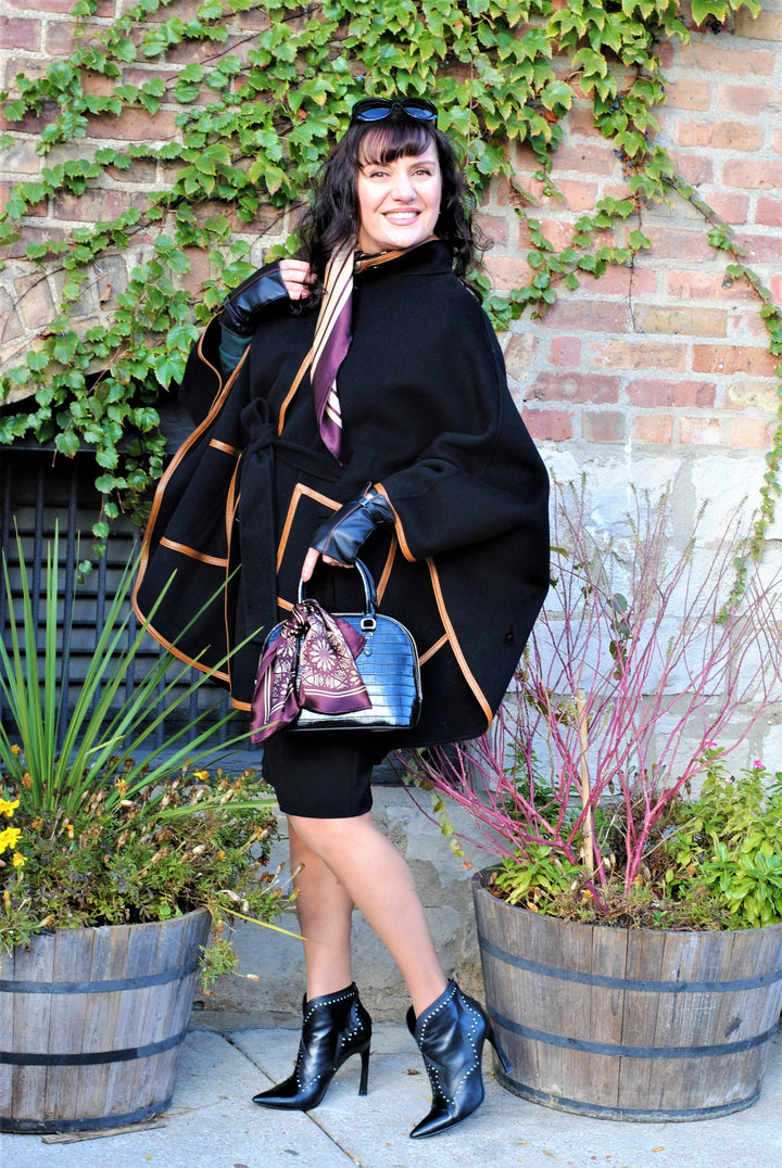 Black Wool Cashmere Belted Cape Poncho Coat Brown Leather by Alesia Chaika