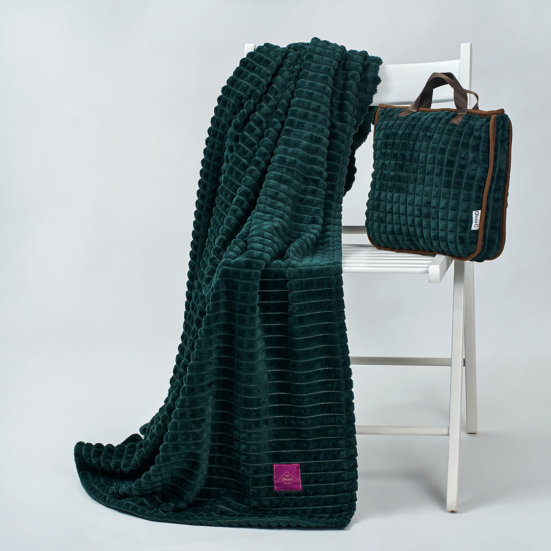Dark Green Travel Cozy Luxury Plush Blanket in The Bag Use As A Pillow Bag Attach To Your Luggage Handle by Alesia C. Alesia Chaika