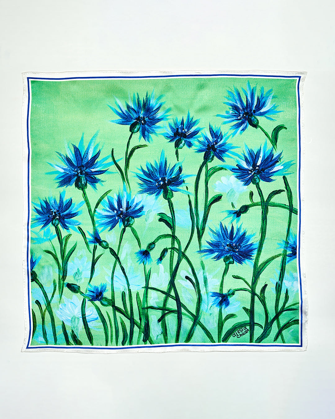 CORNFLOWERS DREAM Royal Blue and Green Wearable Art 100% Pure Silk Scarf by Alesia Chaika. Copy of an original signed fine artwork on canvas.