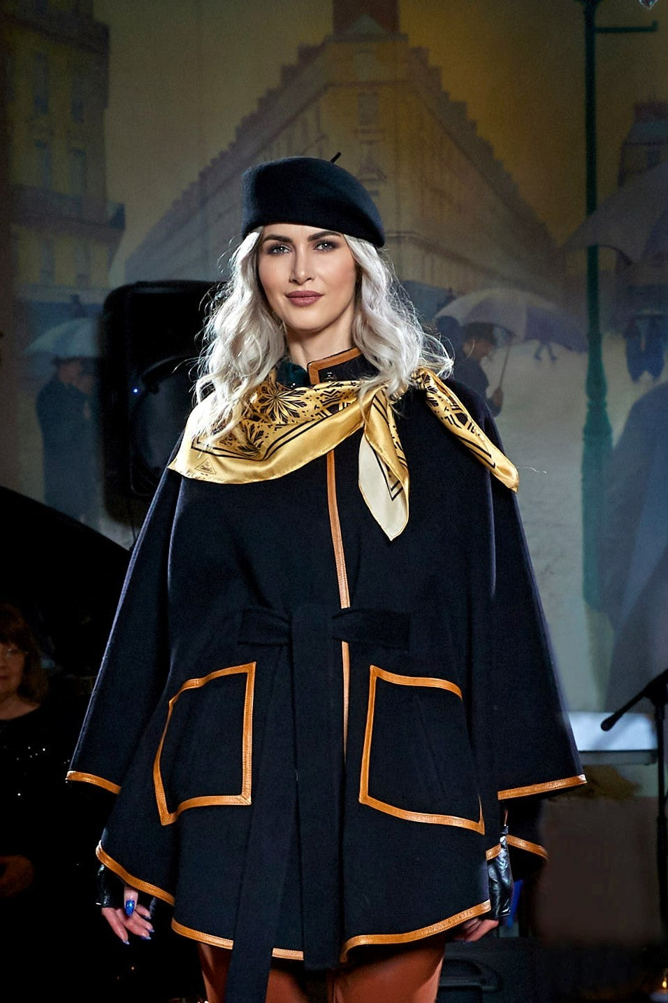 Black Wool Cashmere Belted Cape Poncho Coat Brown Leather by Alesia Chaika