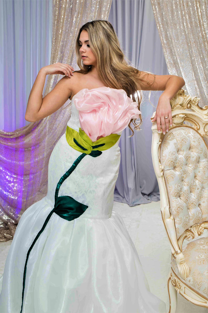 Alesia C. Chicago Piece Wedding Dress 3D Pink Rose Haute Couture Flower Gown