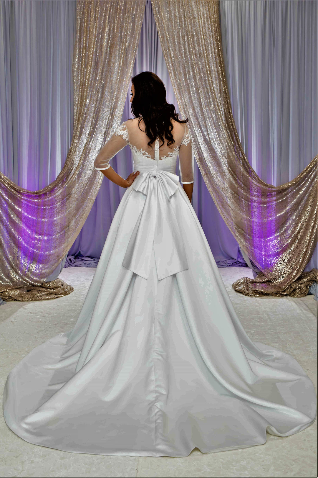 FLORET Illusion Neckline 3/4 Sleeves Satin White Ball Bridal Gown