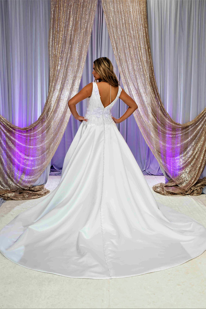 FLORINA 3D Floral Lace Plunging V-Neckline Satin Ball Bridal Gown