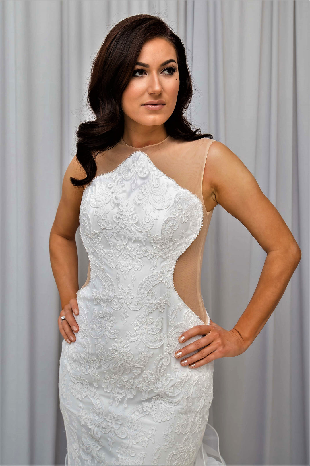 ILLUSIONA Modern High-Bean Neckline Illusion Side Bodice Lace Bridal Gown