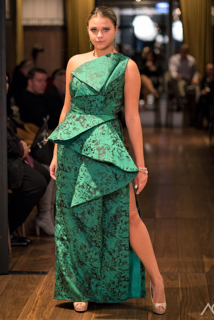 Green Jacquard Couture Dress One Shoulder Asymmetrical Flattering Mother of The Bride Evening party Gown by Alesia C. Chicago Fashion Designer Custom-made Dresses