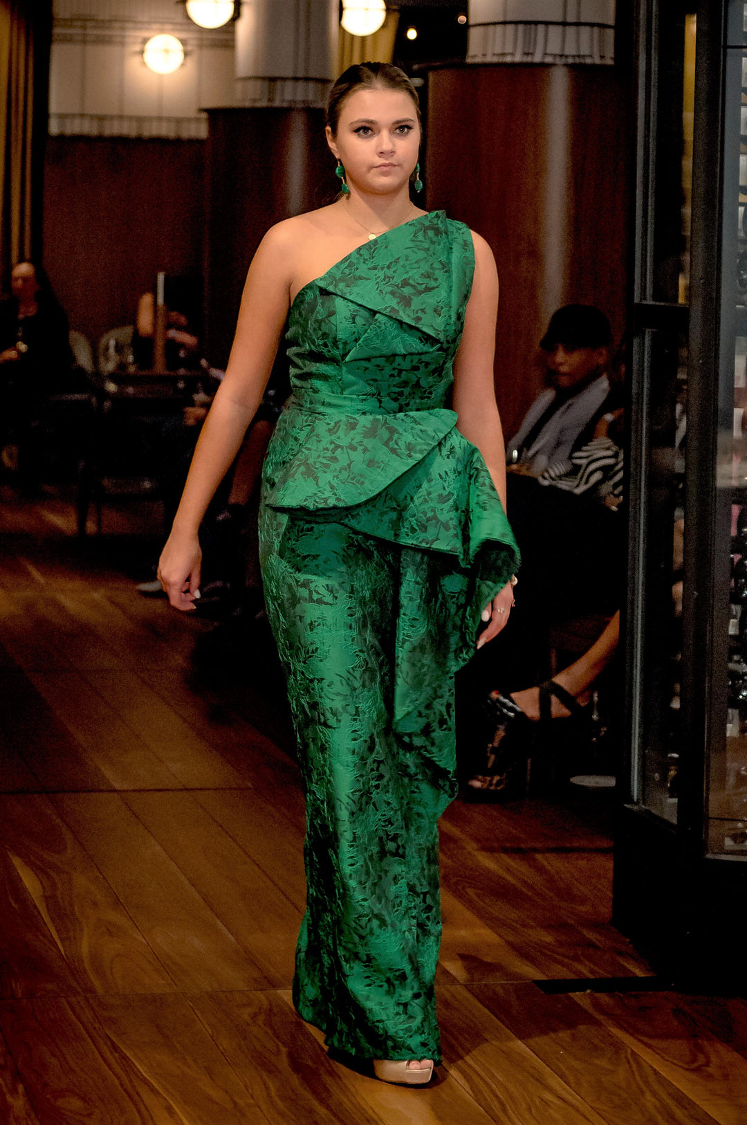 Green Jacquard Couture Dress One Shoulder Asymmetrical Flattering Mother of The Bride Evening party Gown by Alesia C. Chicago Fashion Designer Custom-made Dresses