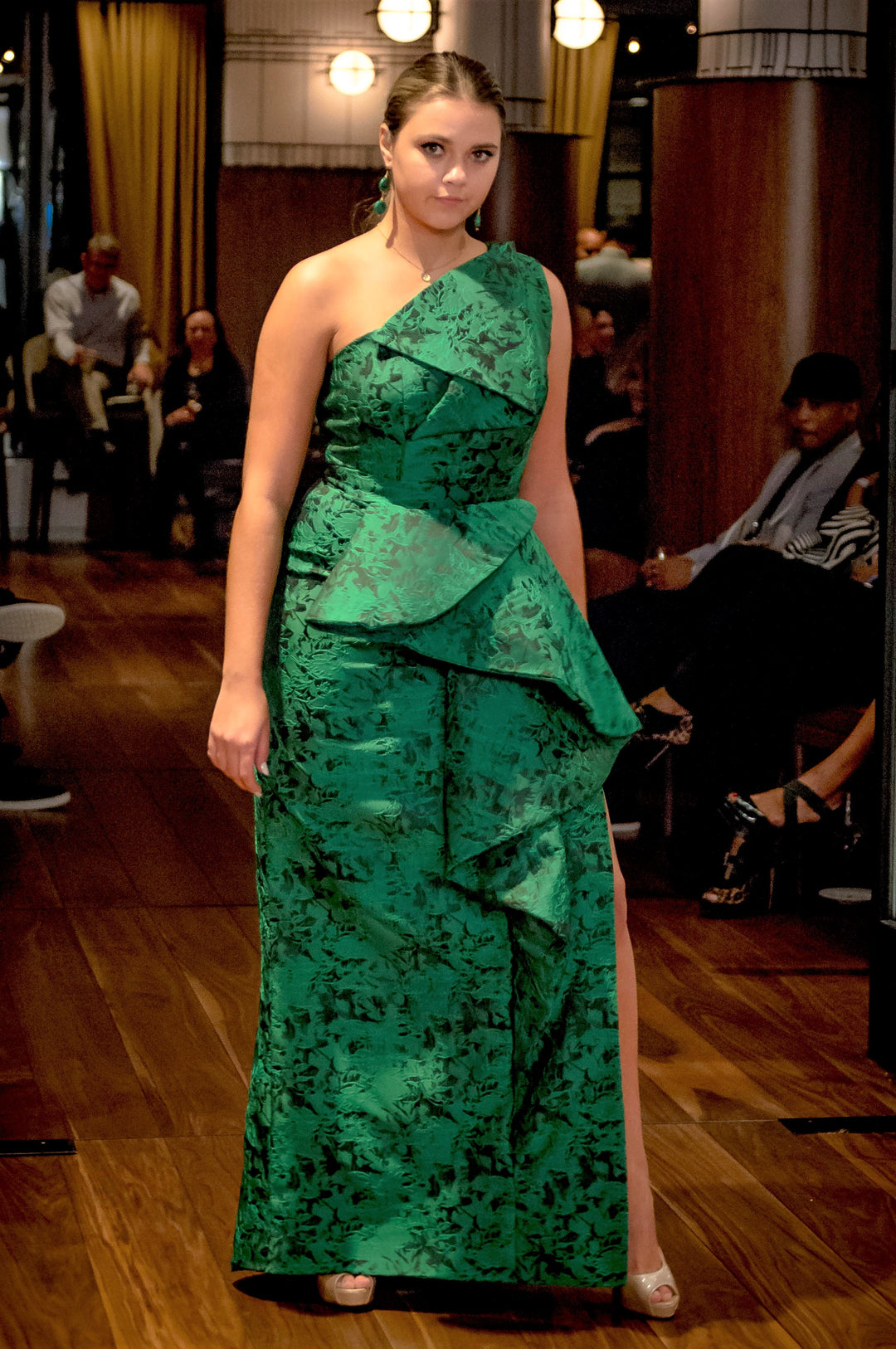Green Jacquard Couture Dress One Shoulder Asymmetrical Flattering Mother of The Bride Evening party Gown by Alesia C. Chicago Fashion Designer Custom-made Dresses