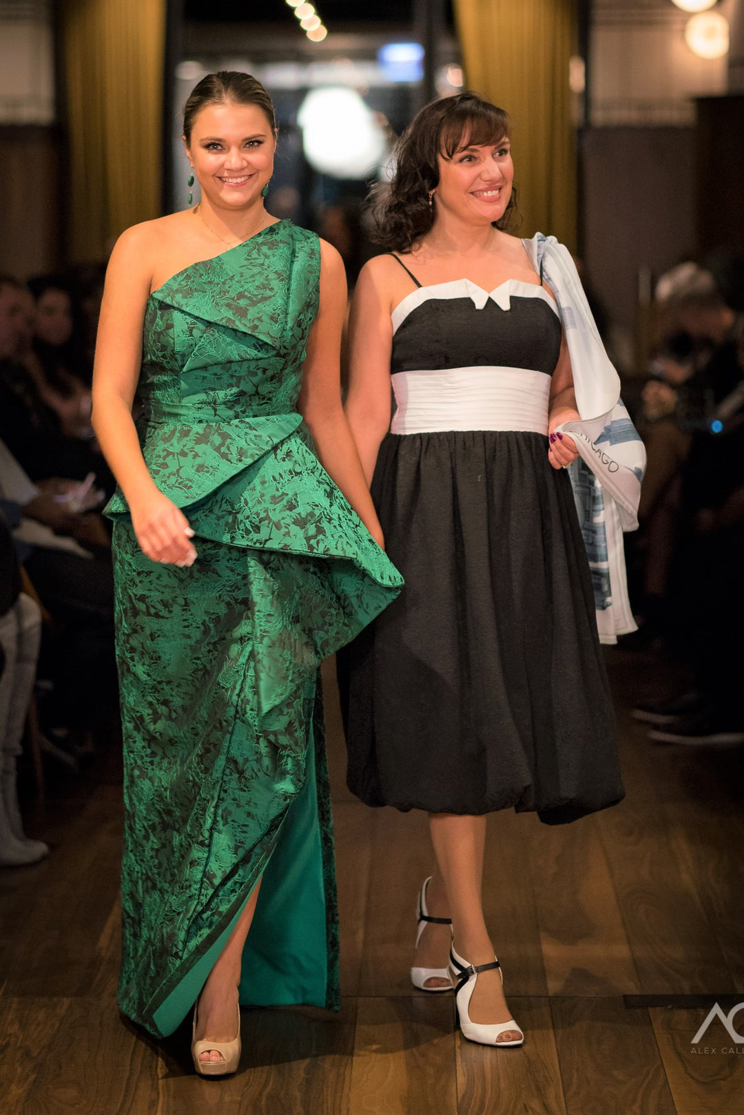 Green Jacquard Couture Dress One Shoulder Asymmetrical Flattering Mother of The Bride Evening party Gown by Alesia C. Chicago Fashion Designer Custom-made Dresses