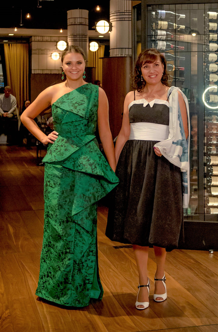 Green Jacquard Couture Dress One Shoulder Asymmetrical Flattering Mother of The Bride Evening party Gown by Alesia C. Chicago Fashion Designer Custom-made Dresses