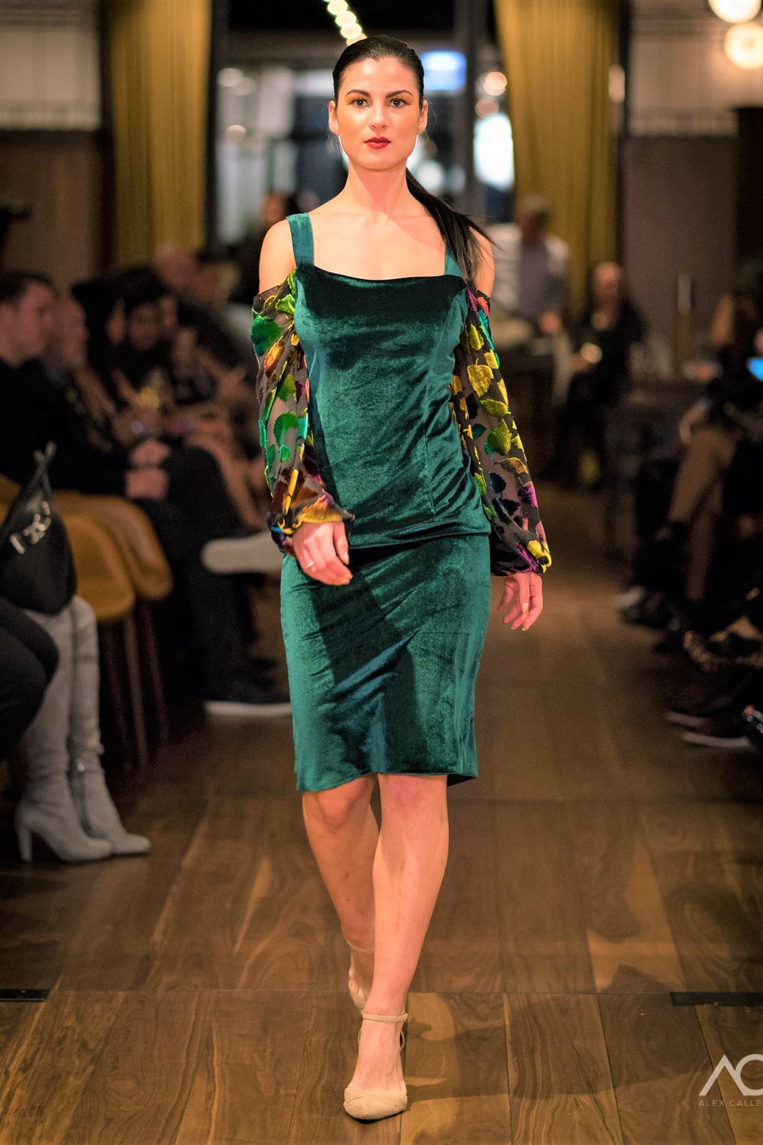 FOLIAGA Silk Emerald Green Velvet Cocktail Gown