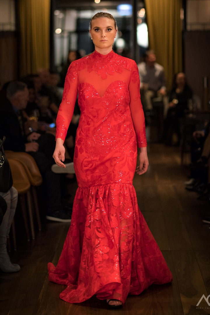 LOVINA Red Sequin Long Sleeve Mermaid Evening Gown