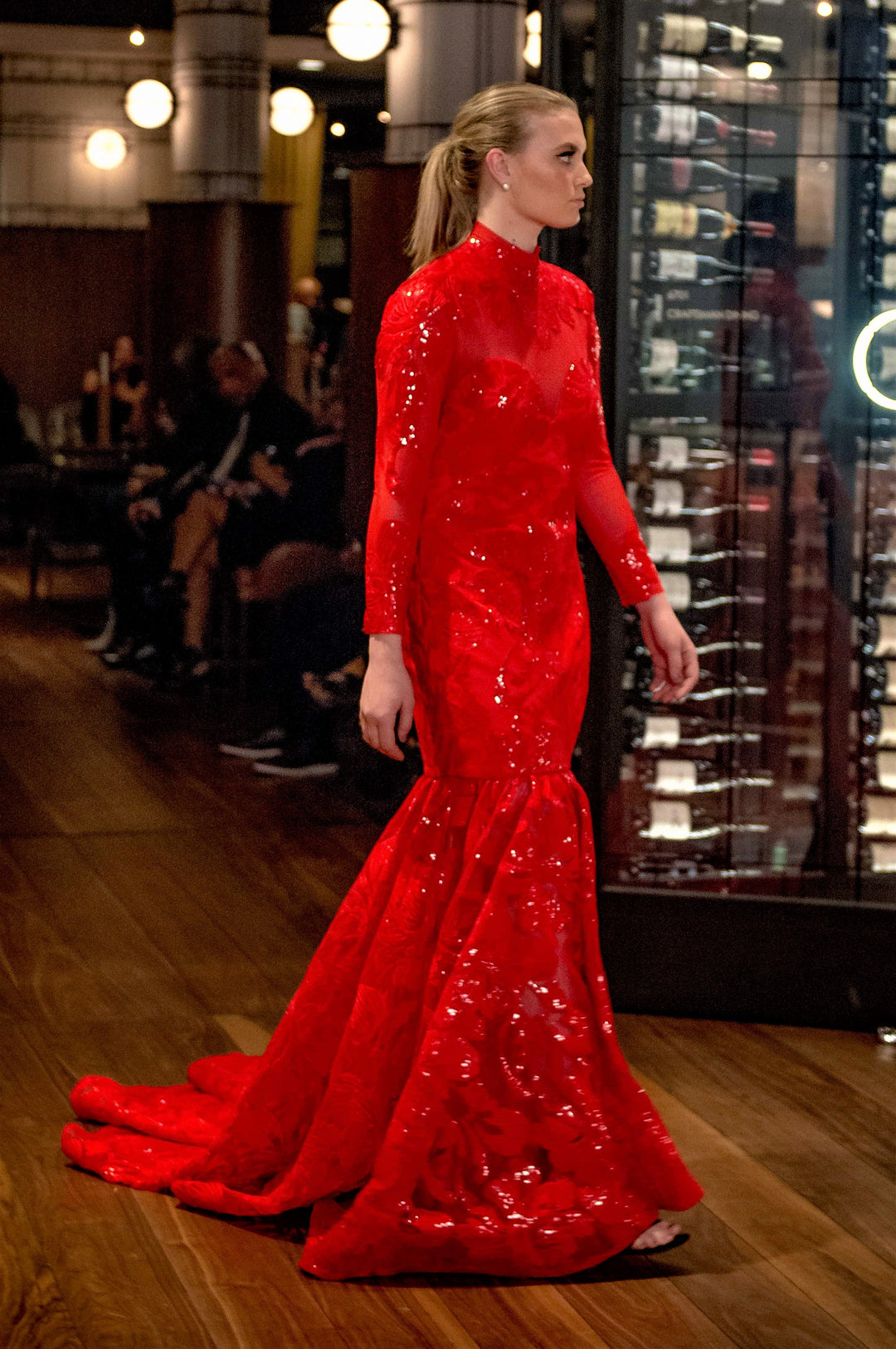 LOVINA Red Sequin Long Sleeve Mermaid Evening Gown