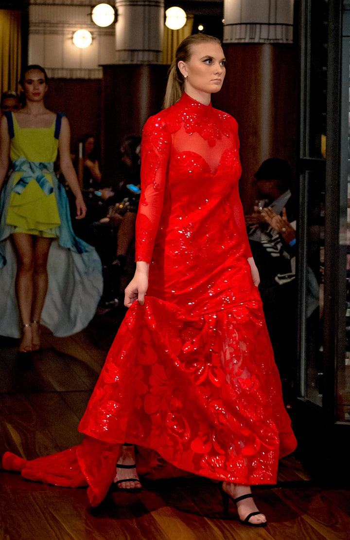 LOVINA Red Sequin Long Sleeve Mermaid Evening Gown