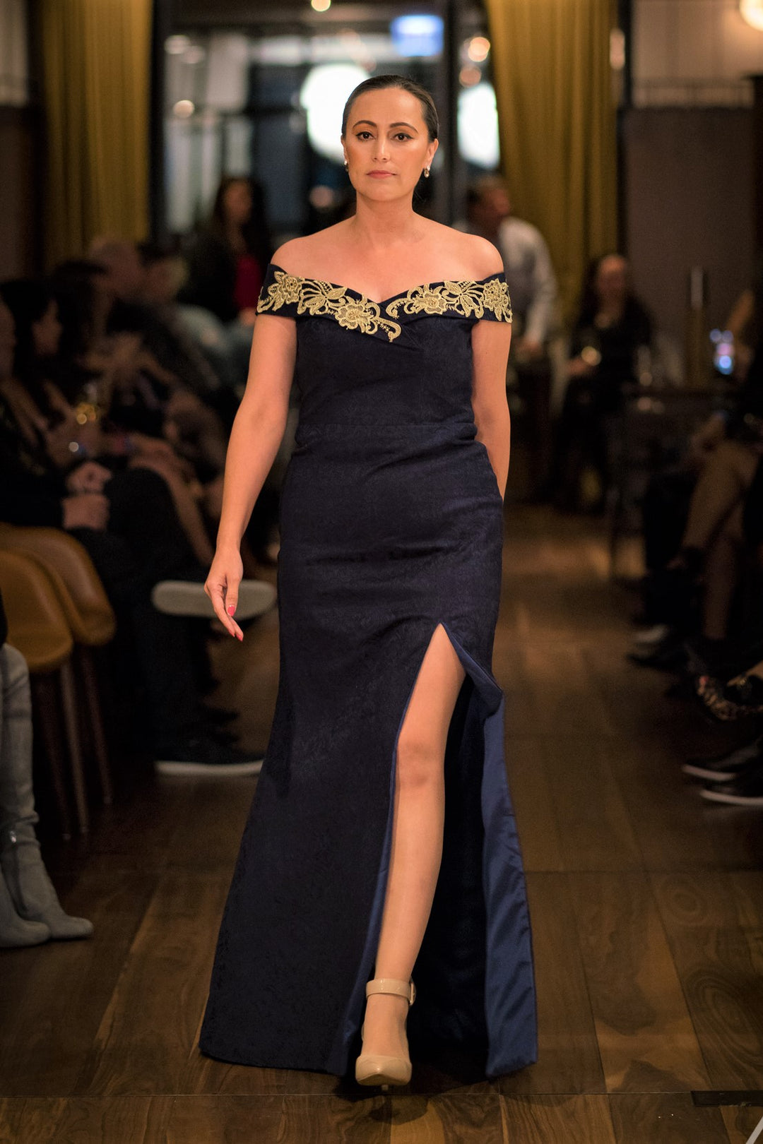 GOLDNIGHTA Fit And Flare Navy Blue Stretch Jacquard Evening Gown