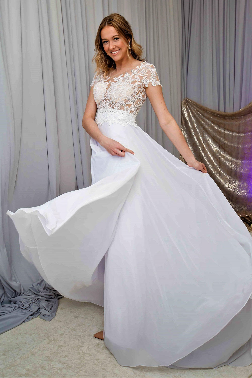LAVANDA Illusion Bodice White Lace Chiffon Bridal Gown Alesia C LAVANDA Illusion Bodice White Lace Chiffon Bridal Gown Alesia C