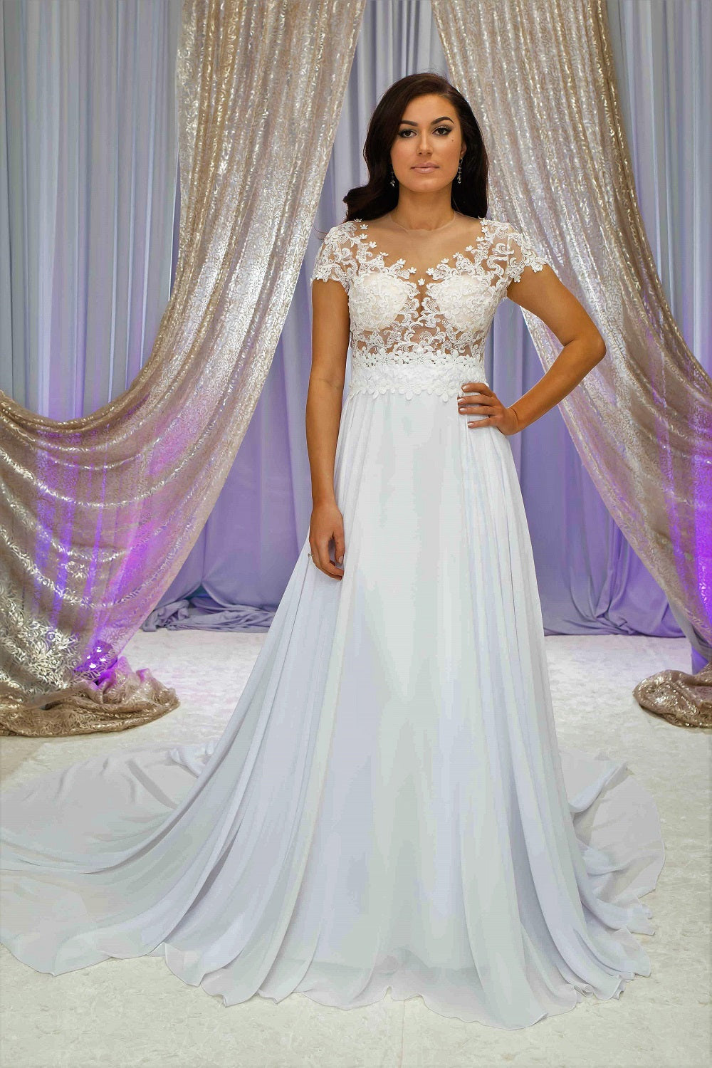 LAVANDA Illusion Bodice White Lace Chiffon Bridal Gown – Alesia C