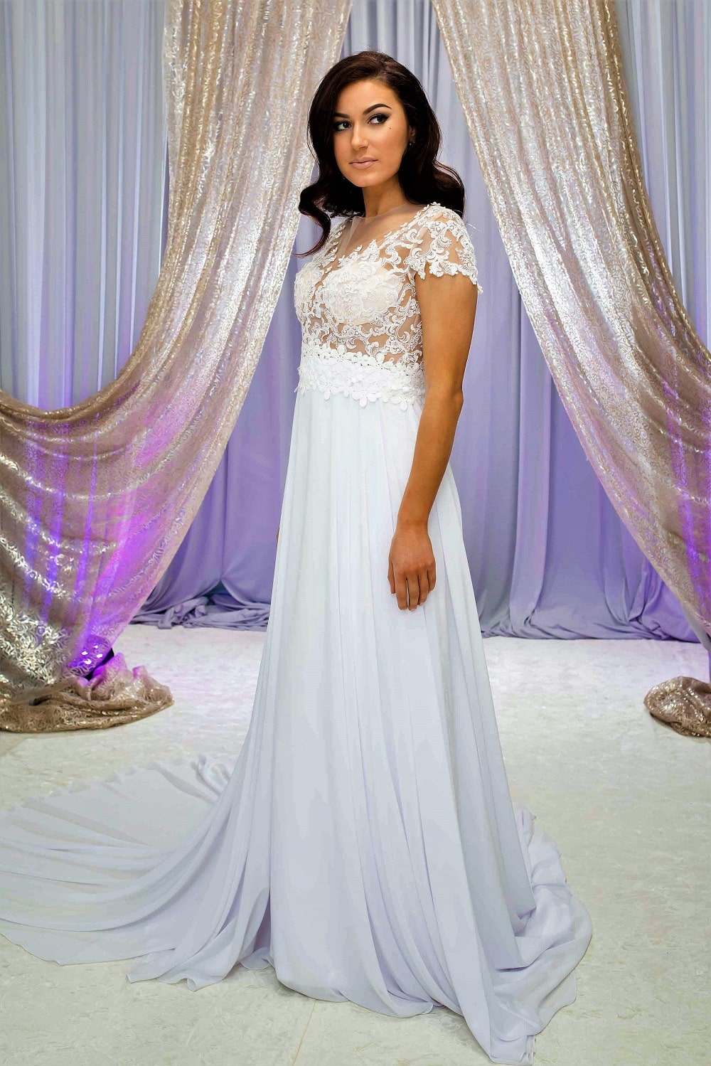 LAVANDA Illusion Bodice White Lace Chiffon Bridal Gown Alesia C LAVANDA Illusion Bodice White Lace Chiffon Bridal Gown Alesia C