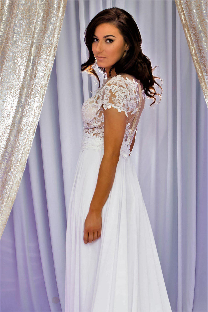 LAVANDA Illusion Bodice White Lace Chiffon Bridal Gown