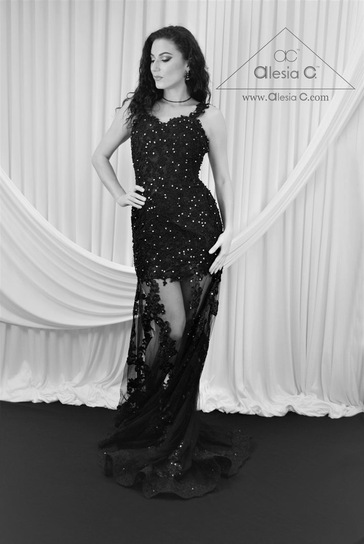 NIGHT SKY Black Beaded Lace Low Back Mermaid Evening Gown