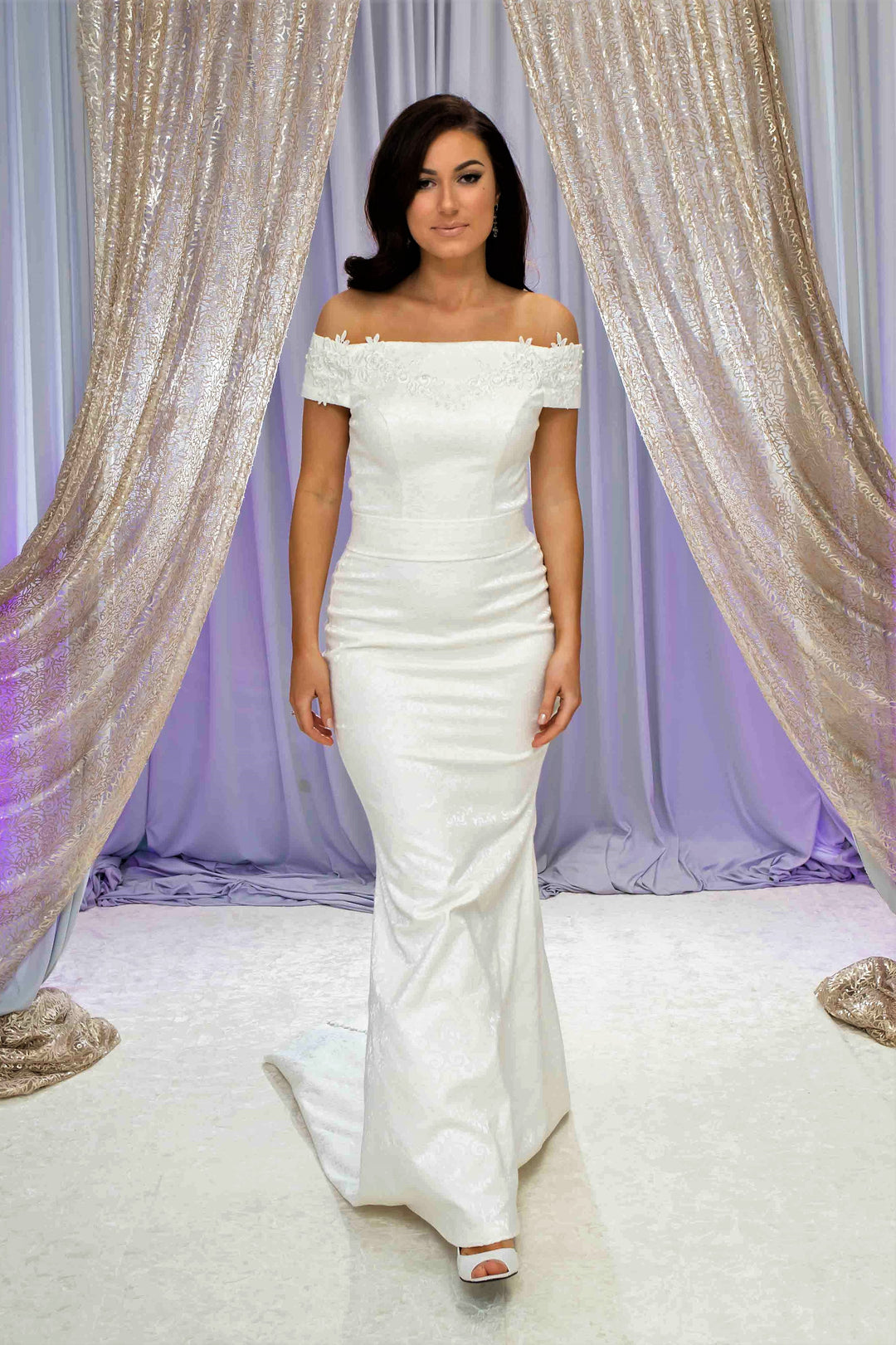 MEGHAN Off The Shoulder Fitted Sheath Royal Jacquard Bridal Gown