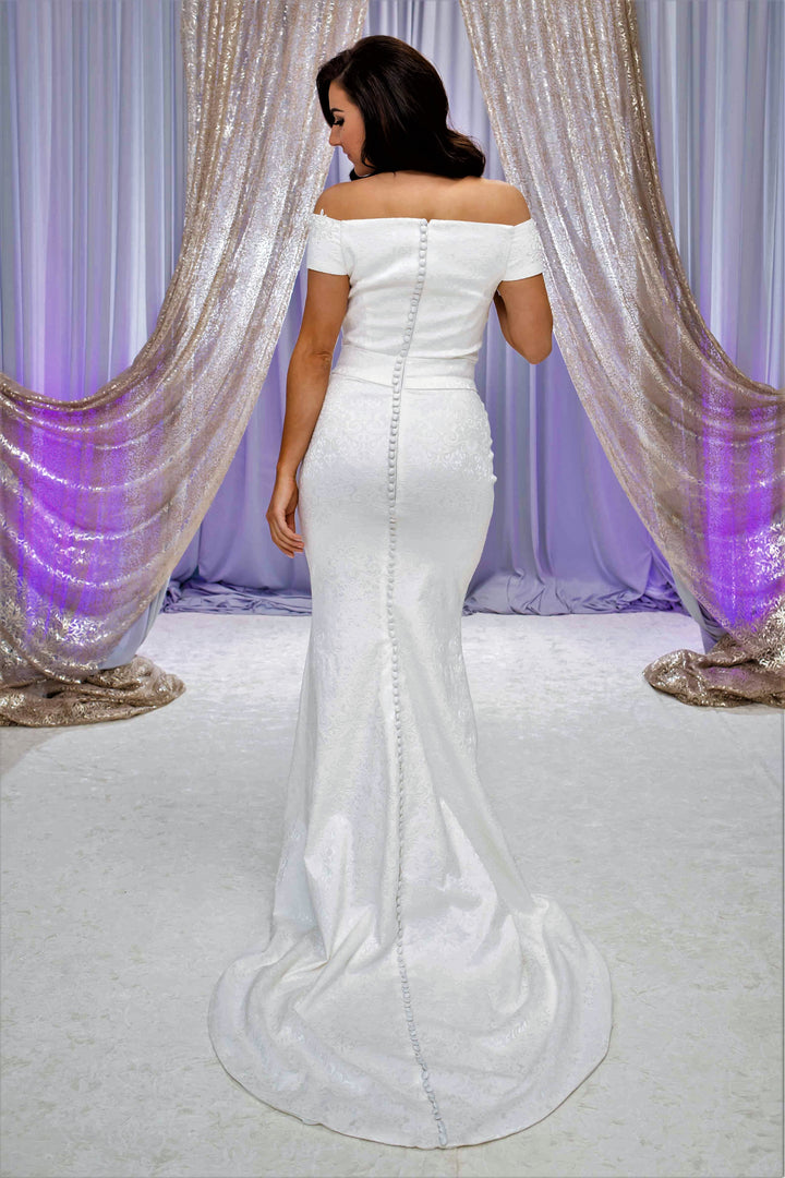 MEGHAN Off The Shoulder Fitted Sheath Royal Jacquard Bridal Gown