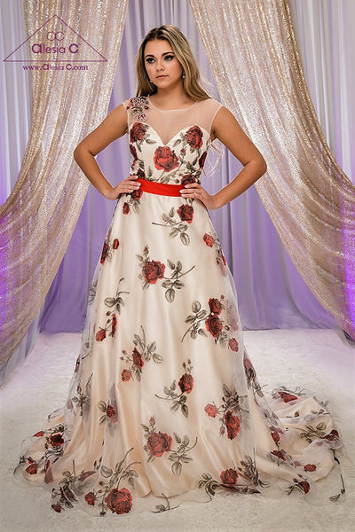 RED ROSE Illusion Neckline Floral Organza A Line Bridal Gown