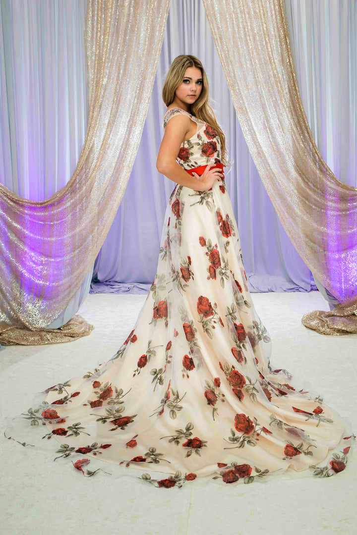 RED ROSE Illusion Neckline Floral Organza A-Line Bridal Gown