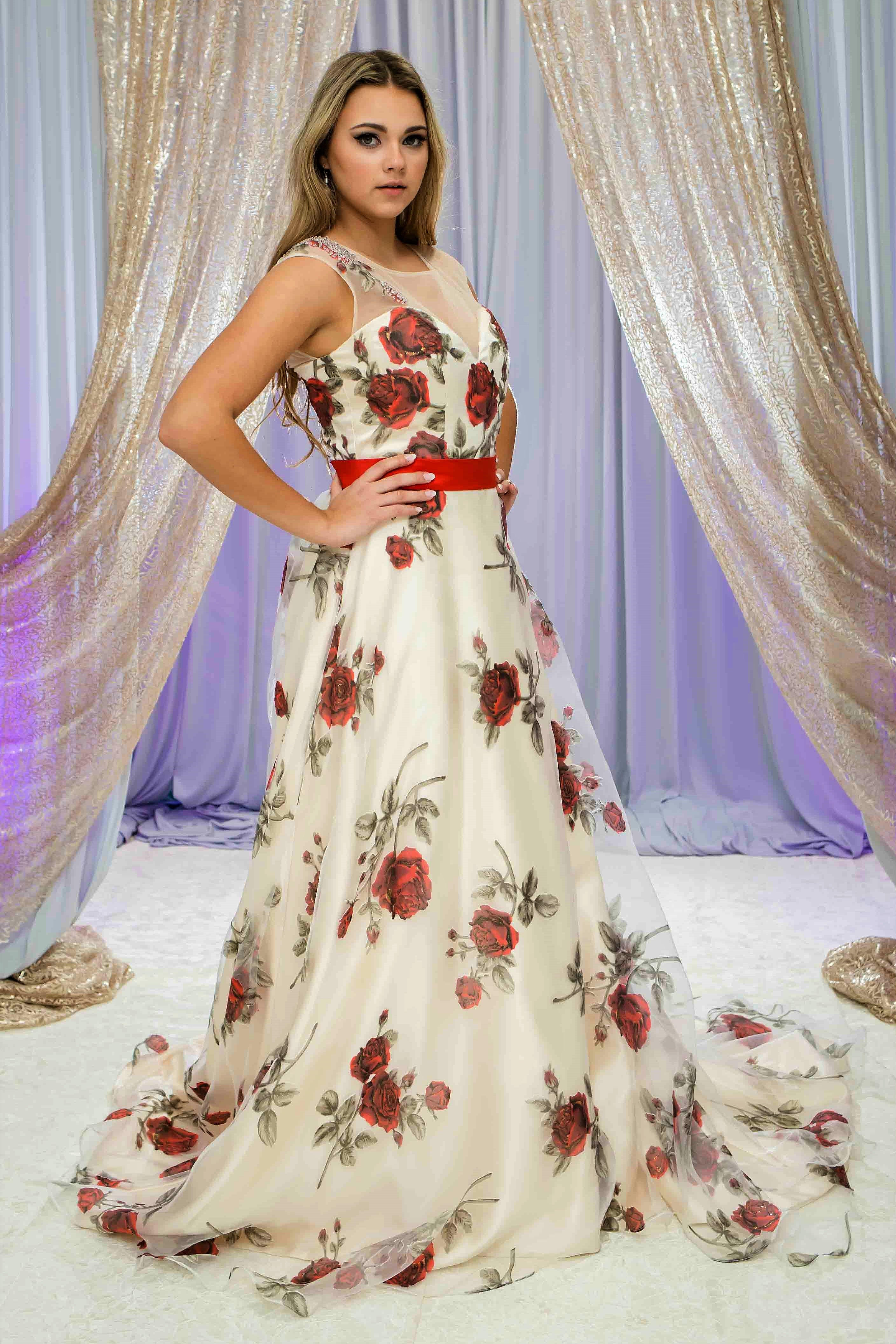 Elegant Floral Halter Ball Gown Printed A-line Dress - TheCelebrityDresses