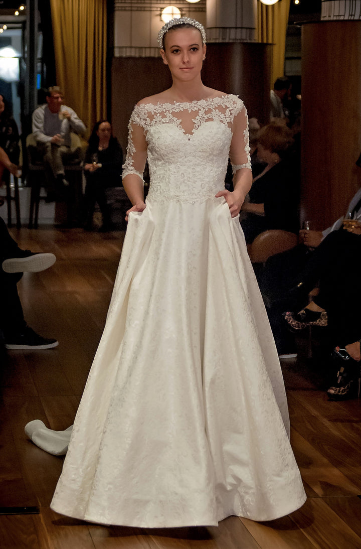 VENICIA Illusion Neckline Lace Sleeves Royal Jacquard A-Line Bridal Gown