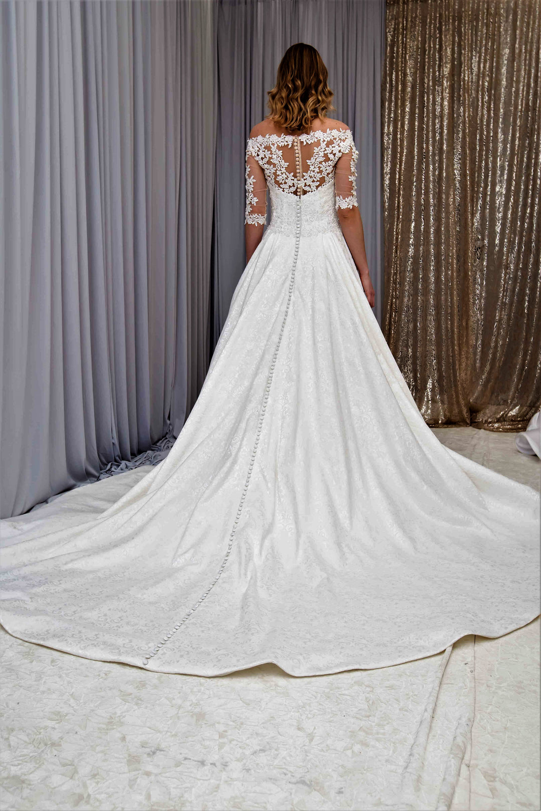 VENICIA Illusion Neckline Lace Sleeves Royal Jacquard A-Line Bridal Gown