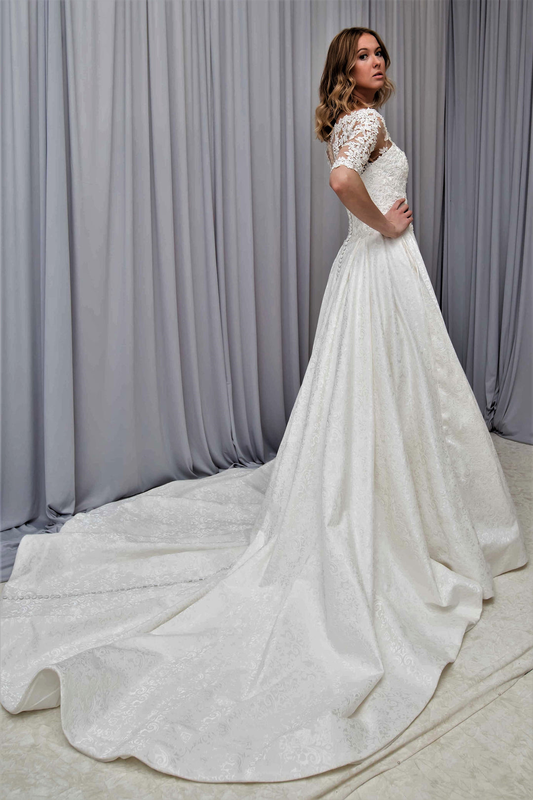 VENICIA Illusion Neckline Lace Sleeves Royal Jacquard A-Line Bridal Gown