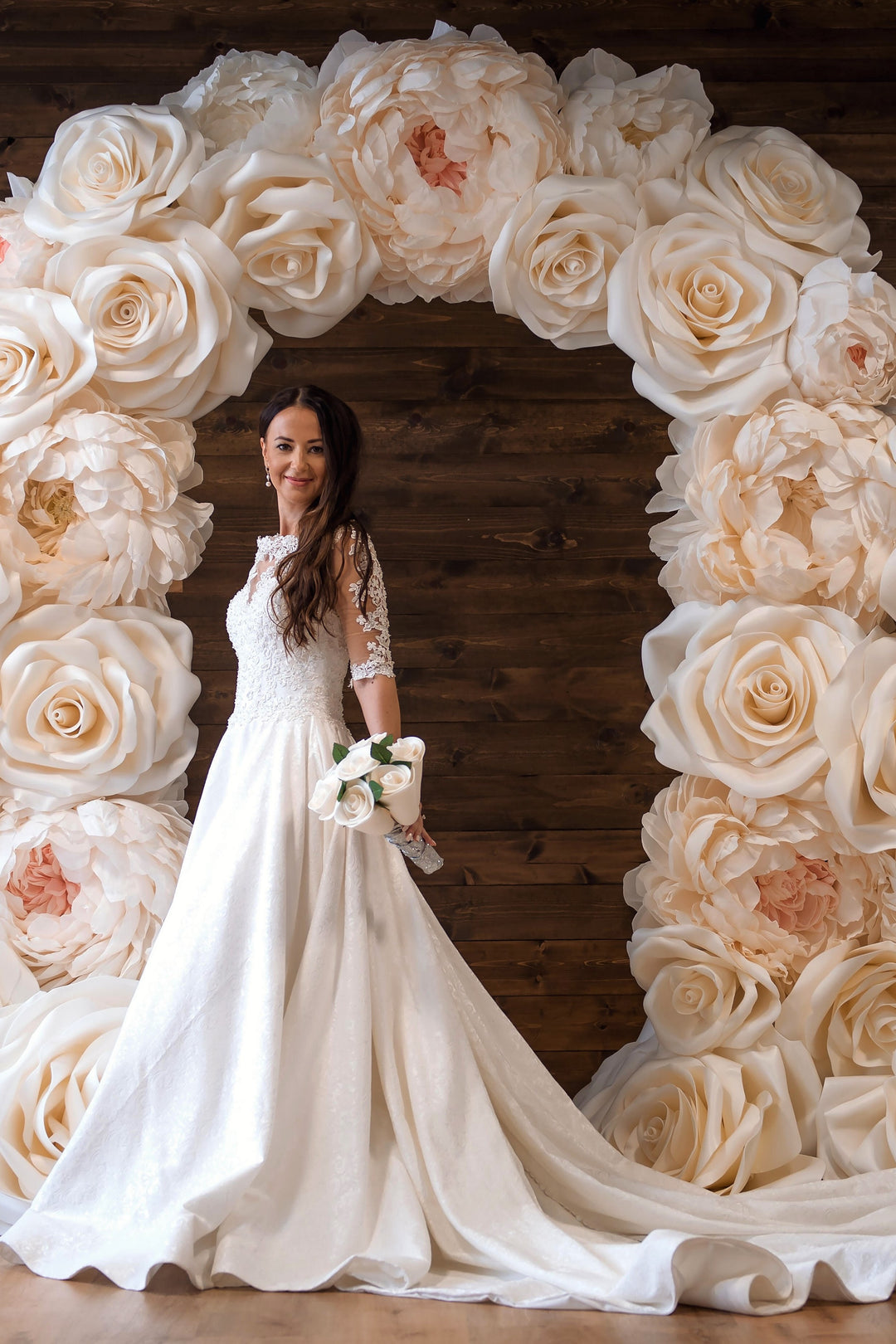 VENICIA Illusion Neckline Lace Sleeves Royal Jacquard A-Line Bridal Gown