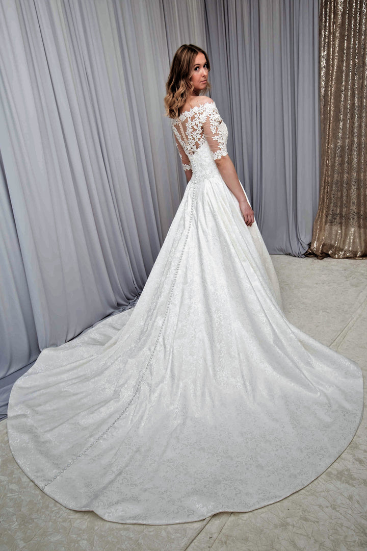 VENICIA Illusion Neckline Lace Sleeves Royal Jacquard A-Line Bridal Gown