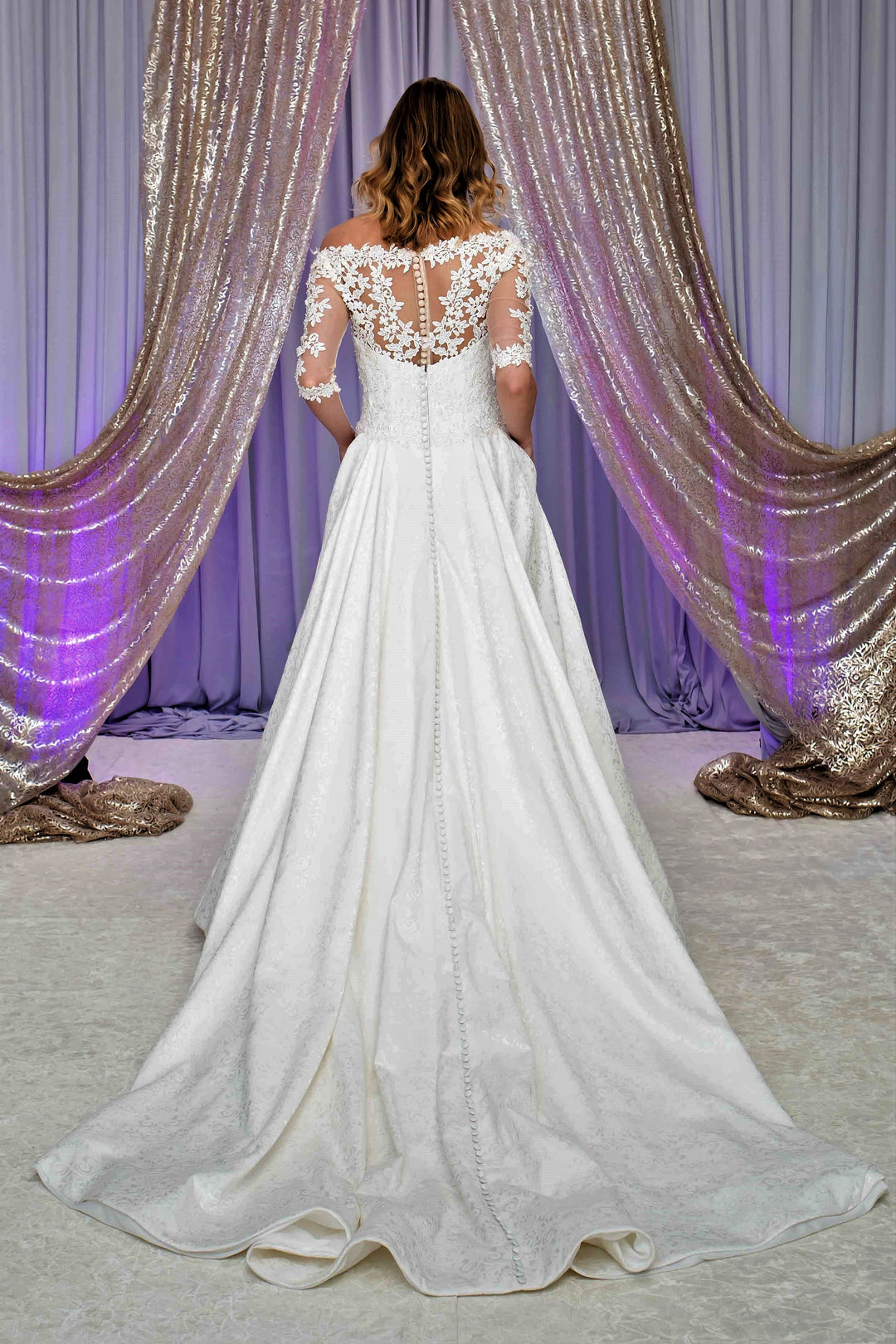 VENICIA Illusion Neckline Lace Sleeves Royal Jacquard A-Line Bridal Gown