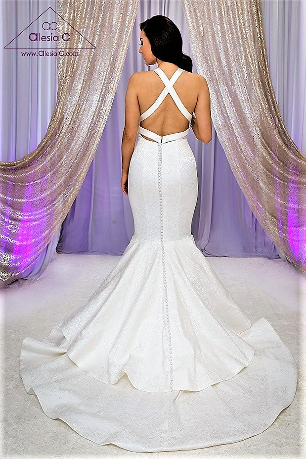 LESIA Halter Neck Cross Back Mermaid Royal Jacquard Bridal Gown