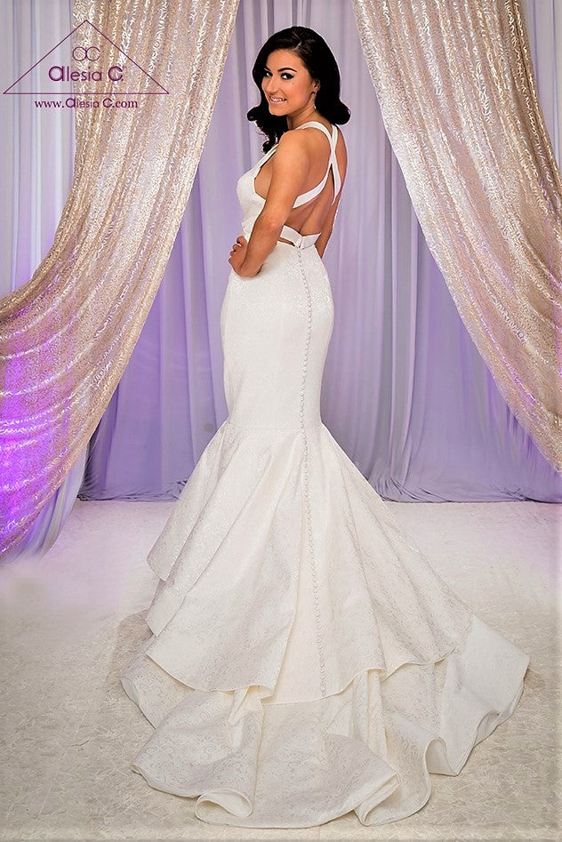 LESIA Halter Neck Cross Back Mermaid Royal Jacquard Bridal Gown