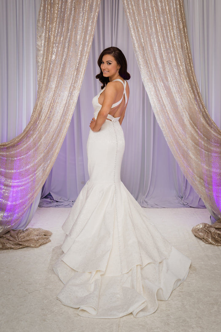 LESIA Halter Neck Cross Back Mermaid Royal Jacquard Bridal Gown