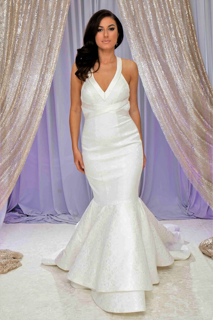 LESIA Halter Neck Cross Back Mermaid Royal Jacquard Bridal Gown