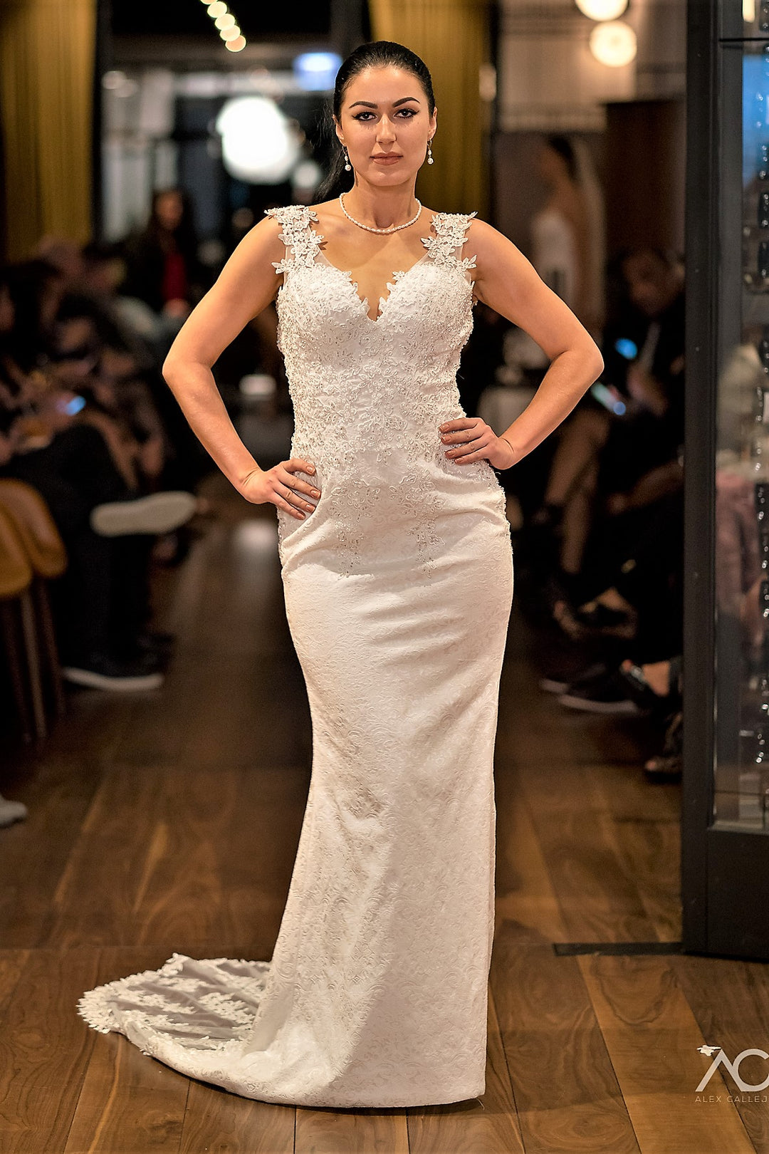JACQUARDA Beaded Venice Lace V-Neck Sheath Lace Bridal Gown