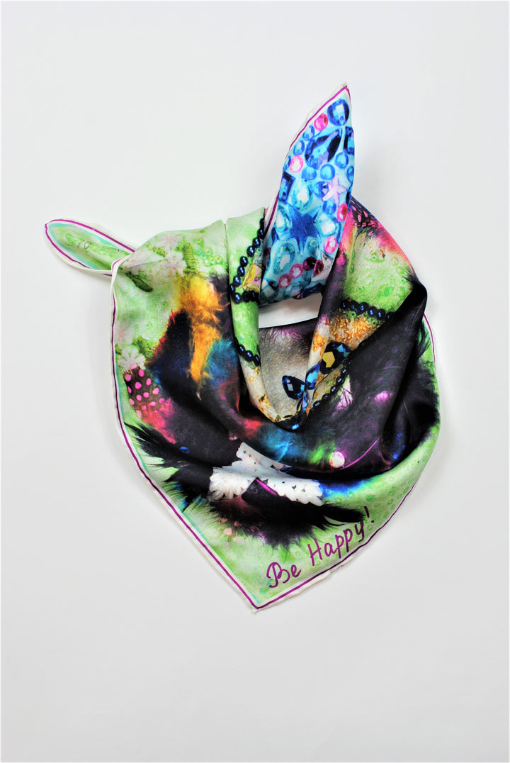 BE HAPPY Wearable Art Pure Silk Scarf Bird Of happiness Bright 100% Silk Shawl by Chicago Fashion Designer Alesia Chaika