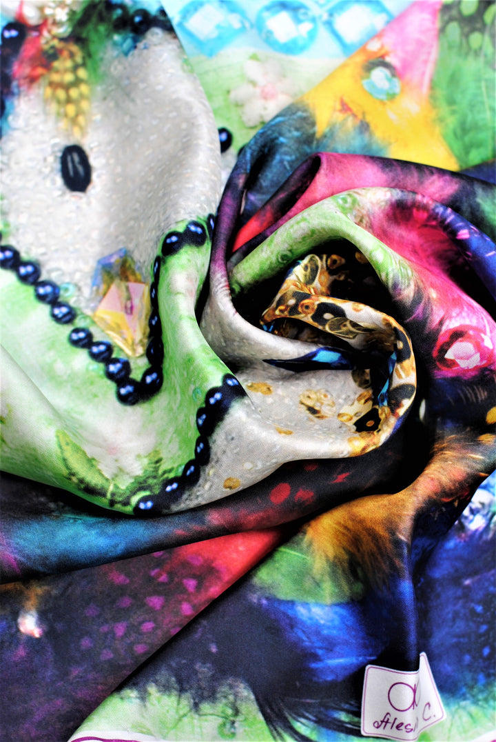 Best Gift For her BE HAPPY Wearable Art Pure Silk Scarf Bird Of happiness Bright 100% Silk Shawl by Chicago Fashion Designer Alesia Chaika