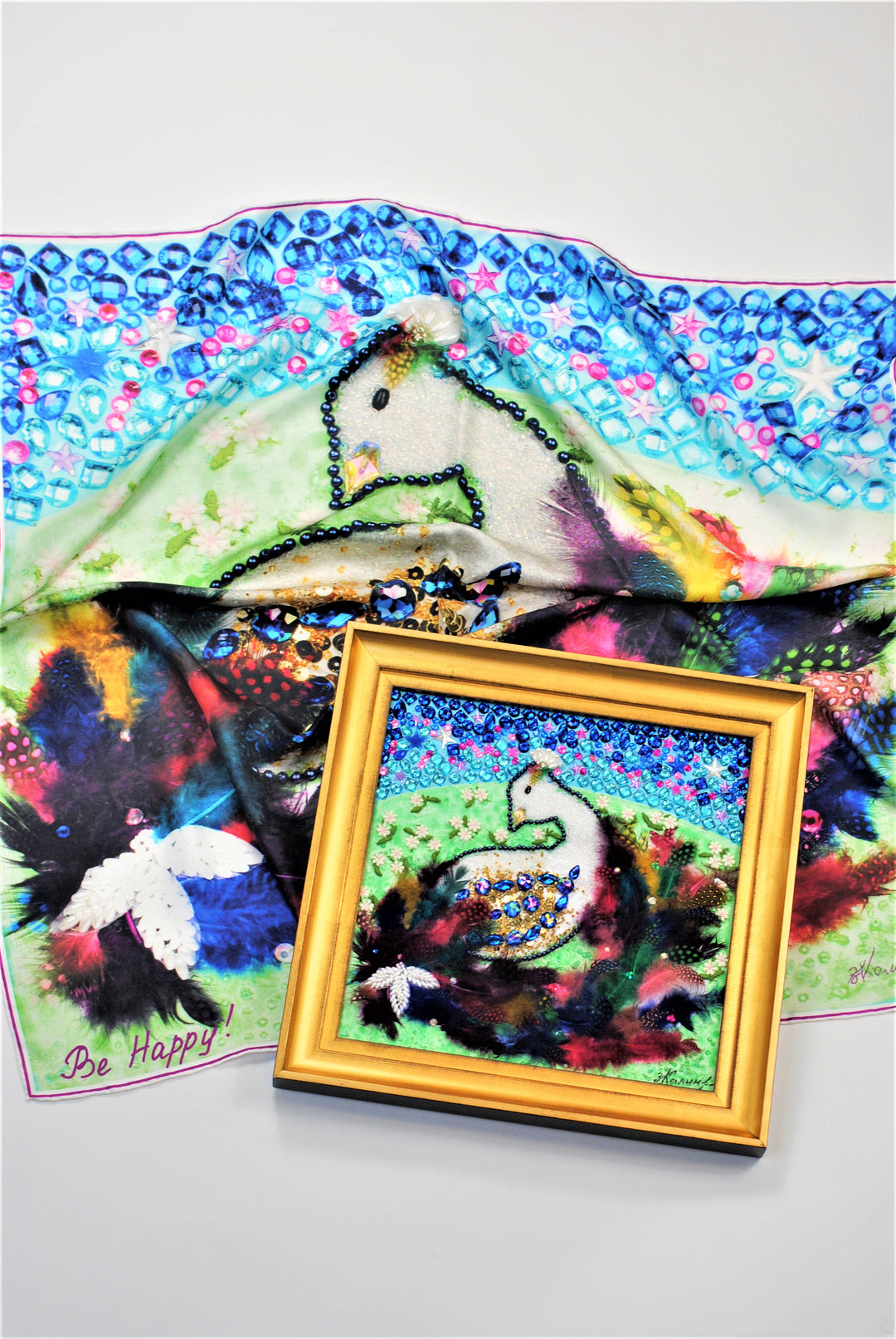 Best Gift For her BE HAPPY Wearable Art Pure Silk Scarf Bird Of happiness Bright 100% Silk Shawl by Chicago Fashion Designer Alesia Chaika