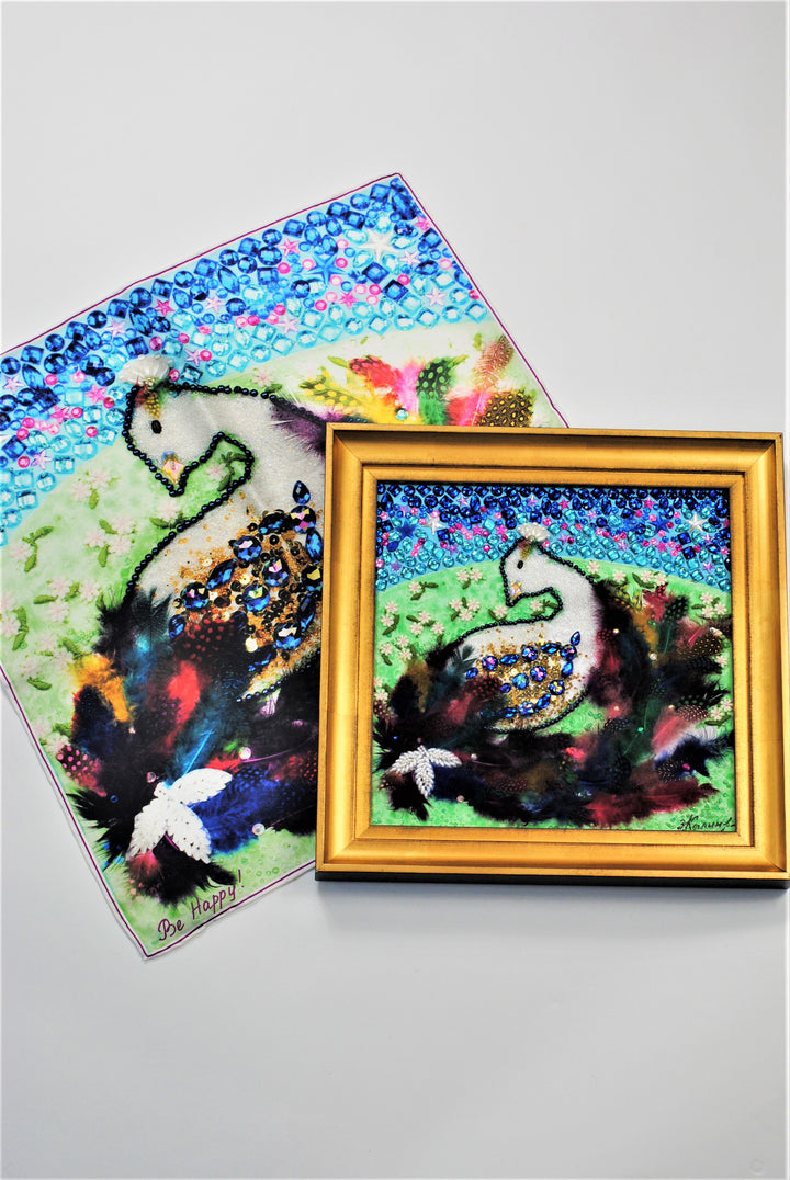 Fine Art Copy Best Gift For her BE HAPPY Wearable Art Pure Silk Scarf Bird Of happiness Bright 100% Silk Shawl by Chicago Fashion Designer Alesia Chaika