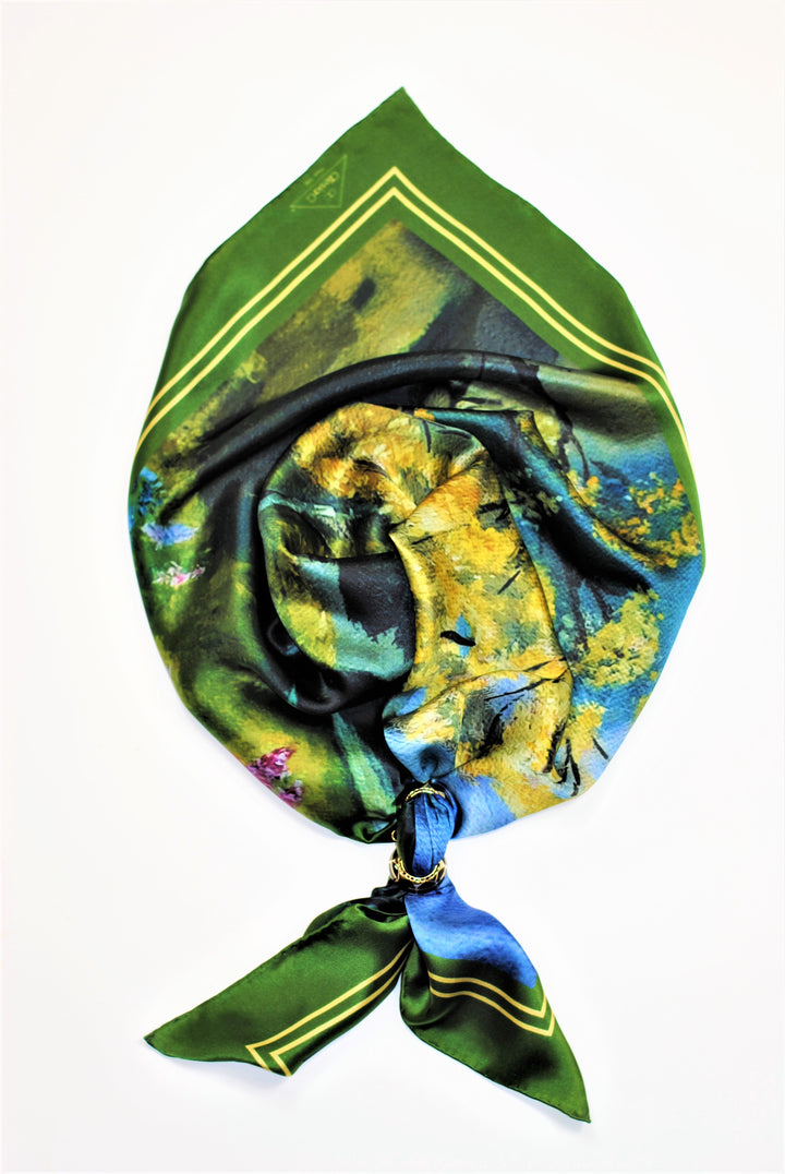 GOLD MEADOW Art-A-Porte Designer 100% Silk Square Scarf in Green Yellow AlesiaC.com