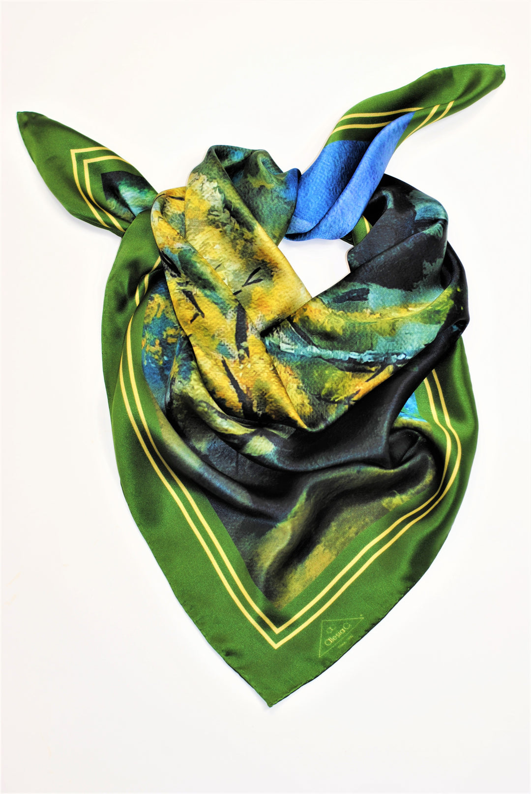 GOLD MEADOW Art-A-Porte Designer 100% Silk Square Scarf in Green Yellow AlesiaC.com