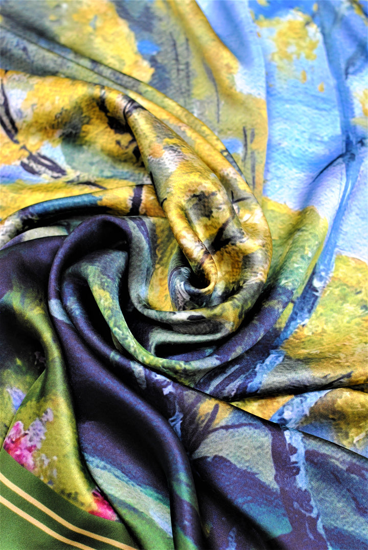 GOLD MEADOW Art-A-Porte Designer 100% Silk Square Scarf in Green Yellow AlesiaC.com