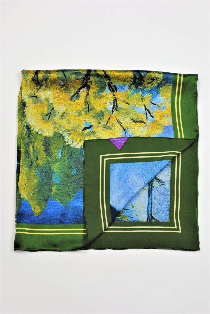 GOLD MEADOW Art-A-Porte Designer 100% Silk Square Scarf in Green Yellow AlesiaC.com